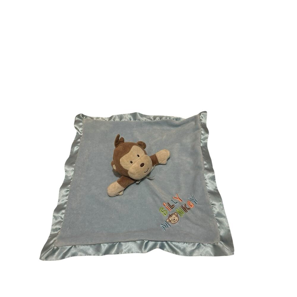Baby Gear Blue Silly Monkey Embroidered Satin Lined Trim Security Lovey Blanket